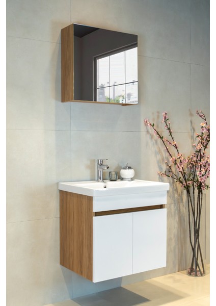 Star Banyo Dolabı Seti ( 60 cm Egzotik Meşe & Parlak Beyaz Aynalı Lavabolu Mdf )