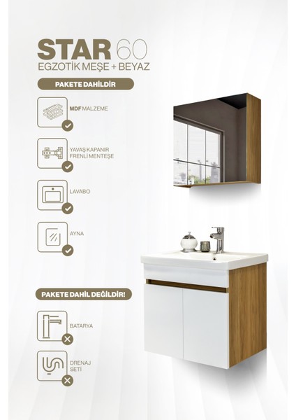 Star Banyo Dolabı Seti ( 60 cm Egzotik Meşe & Parlak Beyaz Aynalı Lavabolu Mdf ) fırsatları