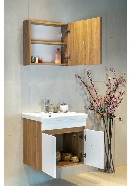 Star Banyo Dolabı Seti ( 60 cm Egzotik Meşe & Parlak Beyaz Aynalı Lavabolu Mdf ) indirimleri