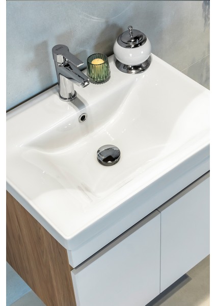 Star Banyo Dolabı Seti ( 60 cm Egzotik Meşe & Parlak Beyaz Aynalı Lavabolu Mdf )