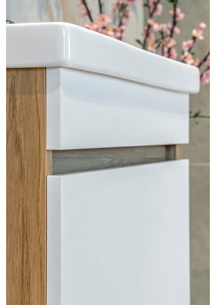 Star Banyo Dolabı Seti ( 60 cm Egzotik Meşe & Parlak Beyaz Aynalı Lavabolu Mdf )