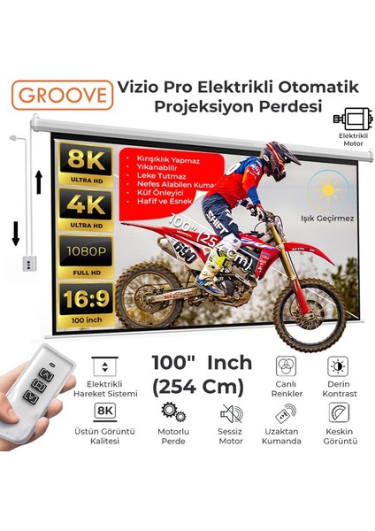 Vizio Pro 100¨ Inch Blackout Işık Geçirmez Elektrikli Otomatik Kumandalı Projeksiyon Perdesi 220X125CM +Motorlu+Canlı Renkler+Göz Koruması+Leke Tutmaz Projector