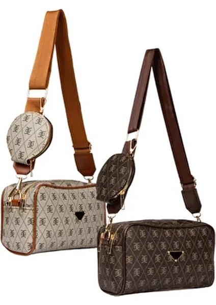 Kadın Çapraz Askılı Desenli Suni Deri Çanta Seti 2 Adet Şık ve Ergonomik