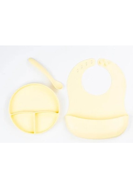 Sarı 3’lü Silikon Yemek Seti – Önlük + Diş Kaşıyıcılı Kaşık + Vakumlu Tabak