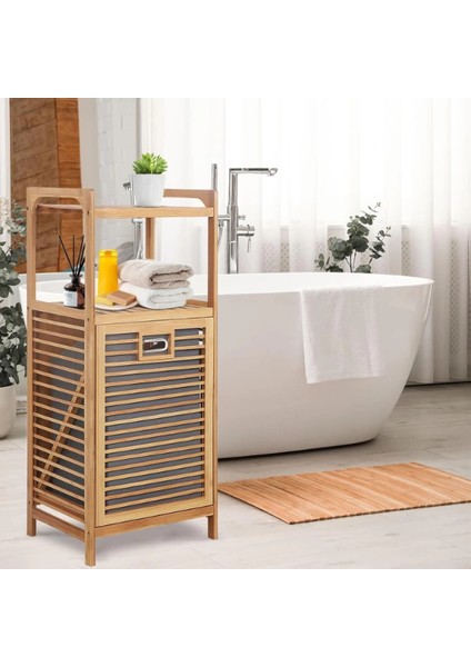 2 Organizer Raflı Ahşap Bambu Çek-Aç Kirli Sepeti fırsatları