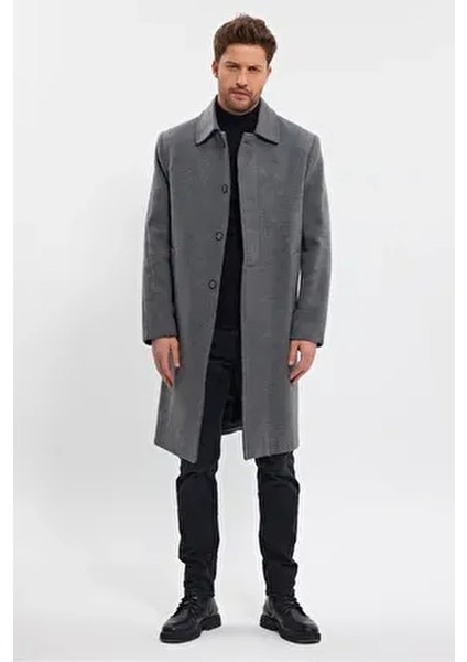 Gri Uzun Regular Fit Kaşe Kaban Kadın Gömlek Yaka Kalın Astarlı Günlük Stil