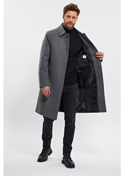 Gri Uzun Regular Fit Kaşe Kaban Kadın Gömlek Yaka Kalın Astarlı Günlük Stil fiyatları