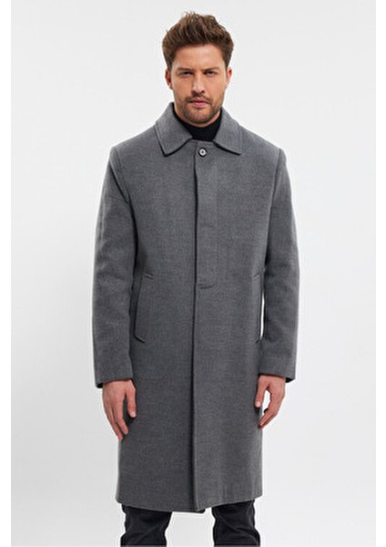 Gri Uzun Regular Fit Kaşe Kaban Kadın Gömlek Yaka Kalın Astarlı Günlük Stil modelleri