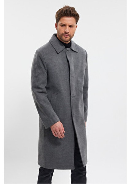 Gri Uzun Regular Fit Kaşe Kaban Kadın Gömlek Yaka Kalın Astarlı Günlük Stil fırsatları