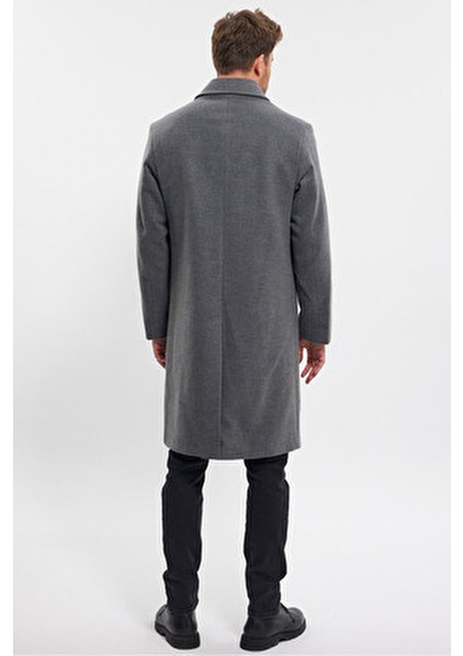 Gri Uzun Regular Fit Kaşe Kaban Kadın Gömlek Yaka Kalın Astarlı Günlük Stil