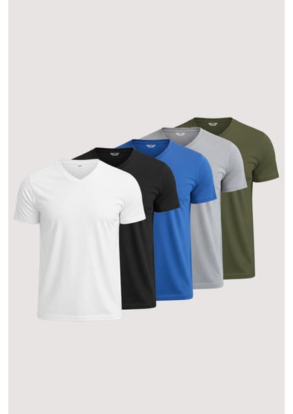 Erkek V Yaka 5'li Düz Baskısız %100 Pamuk Basic Tişört