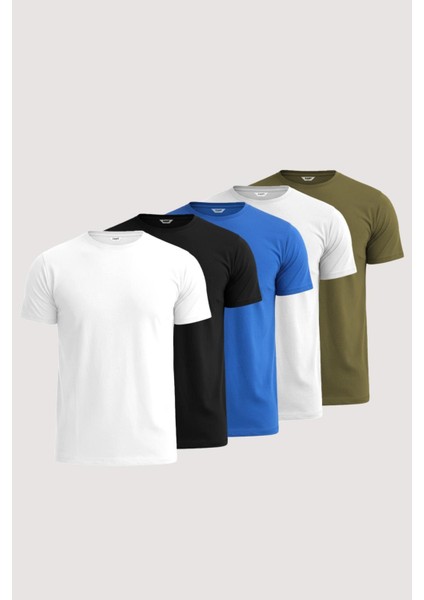Erkek Bisiklet Yaka 5'li Düz Baskısız %100 Pamuk Basic Tişört