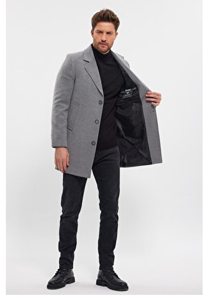 Erkek Gri Kaşe Kaban Ceket Yaka Standart Fit Günlük Stil Uzun Kol fiyatları