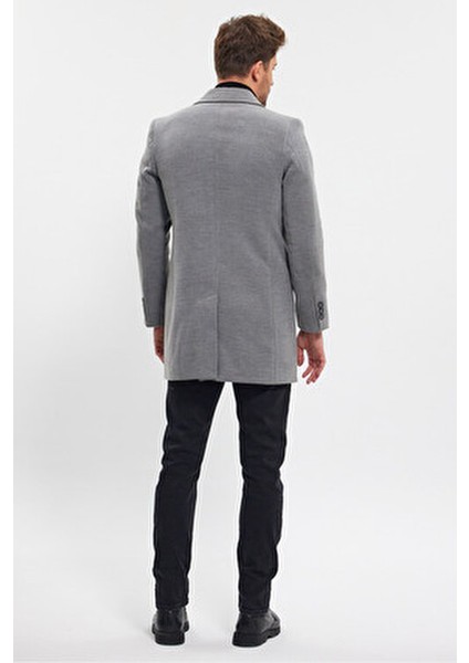 Erkek Gri Kaşe Kaban Ceket Yaka Standart Fit Günlük Stil Uzun Kol