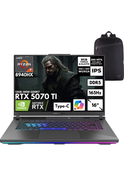 Rog Strix G16 Ryzen 9-8940HX 48 -Gbddr5 4 Tbssd RTX5070TI (12GB-140W-GDDR7) 16" Wuxga 165Hz Freedos + Hmf Sırt Çantası G614PR-RV051HMF11