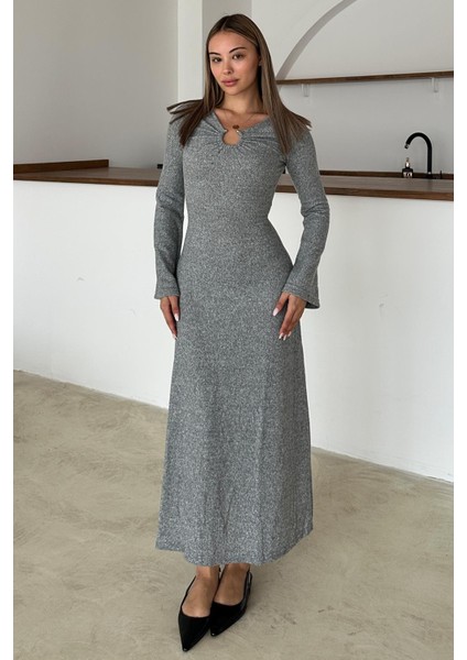 Önü Aksesuarlı Örme Elbise Gri 9367-E