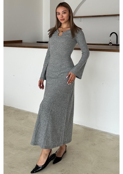 Önü Aksesuarlı Örme Elbise Gri 9367-E modelleri