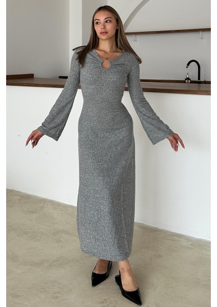 Önü Aksesuarlı Örme Elbise Gri 9367-E fırsatları