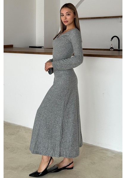 Önü Aksesuarlı Örme Elbise Gri 9367-E indirimleri