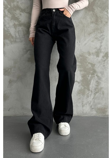 Kadın Yüksek Bel Jean Kot Palazzo Pantolon Siyah / 29