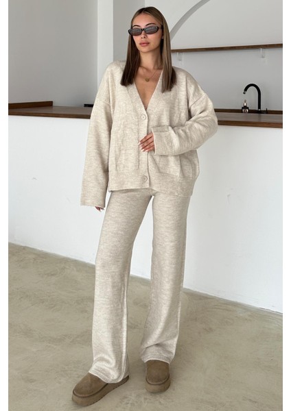 V Yaka Hırka Pantolon Triko Takım Taş 9368-TK