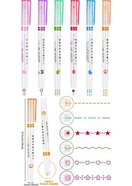 6'lı Desenli Silindir 6 Şekil Çizim Mühür Kalemi Fosforlu Çizgi Vurgulayıcı Linear Color Pen