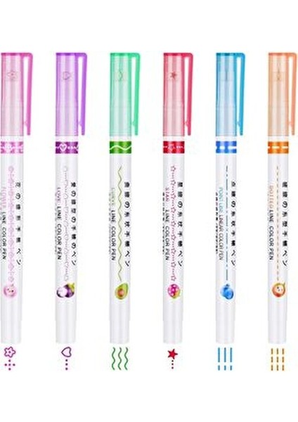 6'lı Desenli Silindir 6 Şekil Çizim Mühür Kalemi Fosforlu Çizgi Vurgulayıcı Linear Color Pen modelleri