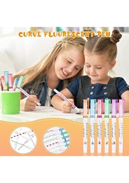 6'lı Desenli Silindir 6 Şekil Çizim Mühür Kalemi Fosforlu Çizgi Vurgulayıcı Linear Color Pen