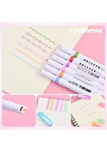 6'lı Desenli Silindir 6 Şekil Çizim Mühür Kalemi Fosforlu Çizgi Vurgulayıcı Linear Color Pen