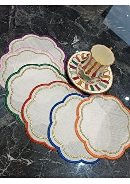 Renkli, Simli Boncuk Nakış Detaylı 6 Adet Kokteyl Peçetesi Kahve Yanı Peçetsi Sunum Peçetesi