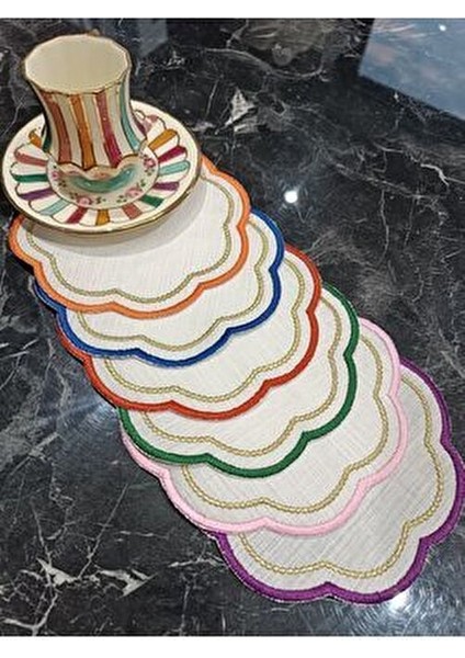 Renkli, Simli Boncuk Nakış Detaylı 6 Adet Kokteyl Peçetesi Kahve Yanı Peçetsi Sunum Peçetesi