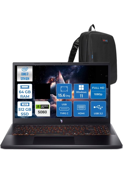 Nitro V 15 ANV15-52 Intel Core I7 13620H 64GB 512GB SSD Nvıdıa Geforce RTX5060 8gb 75W Windows 11 Home 15.6" FHD(1920 x 1080) IPS 165HZ Taşınabilir Bilgisayar NHQZ8EY002H32 + Zetta Çanta