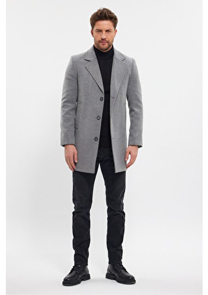Erkek Gri Kaşe Kaban Ceket Yaka Uzun Kol Günlük Kullanım İçin Standart Fit