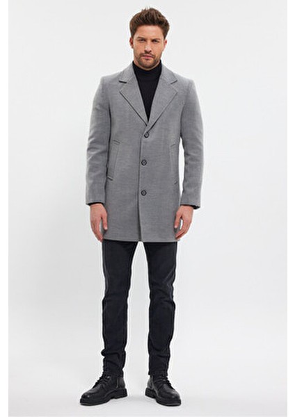 Erkek Gri Kaşe Kaban Ceket Yaka Uzun Kol Günlük Kullanım İçin Standart Fit modelleri