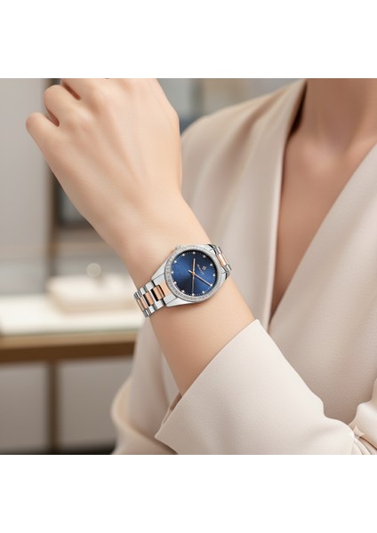 GT077004Y Kadın Kol Saati | 34 mm Lacivert Kadranlı, Taş Detaylı, Silver-Gold Çelik Kordon modelleri