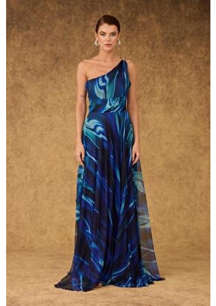 Kadın Abiye Elbise Tek Kol Yırtmaçlı Şifon Maxi Saks Mavi Gece Elbisesi