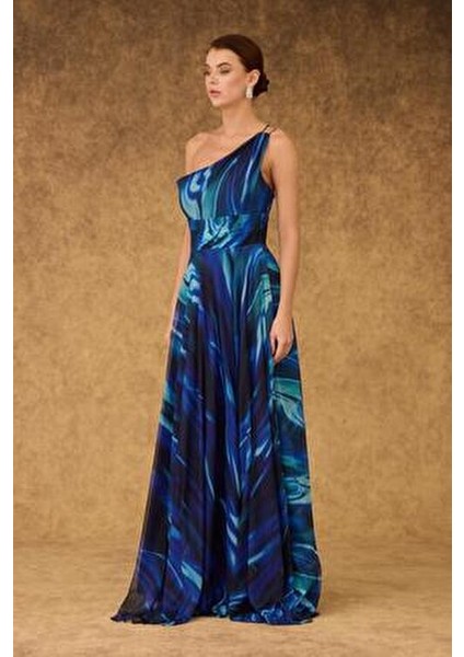 Kadın Abiye Elbise Tek Kol Yırtmaçlı Şifon Maxi Saks Mavi Gece Elbisesi