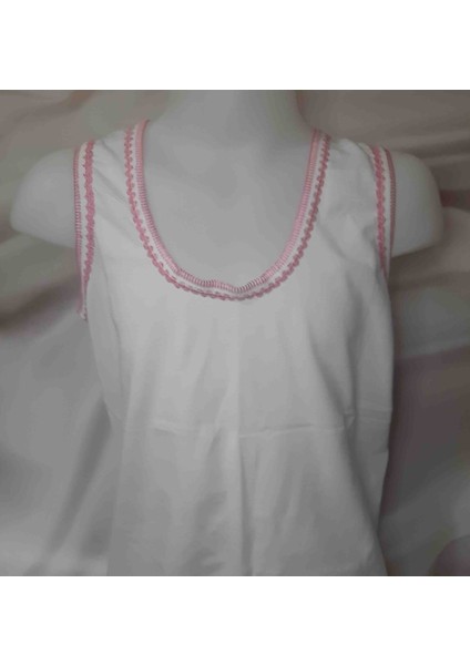 Beyaz Kalın Askılı %100 Pamuk Cotton Askı ve Yakası Pembe Işlemeli Kız Çocuk Atlet