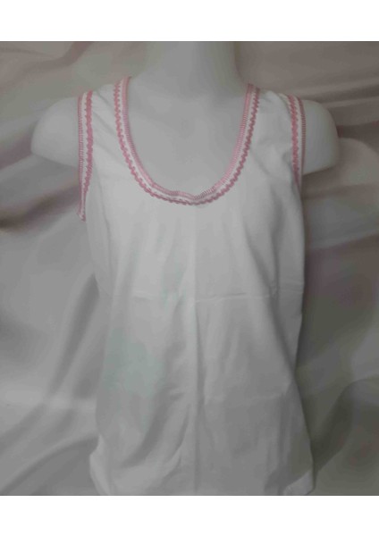 Beyaz Kalın Askılı %100 Pamuk Cotton Askı ve Yakası Pembe Işlemeli Kız Çocuk Atlet modelleri