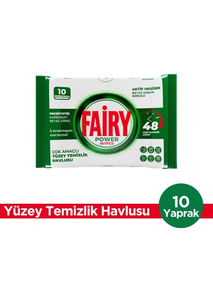 Power Wipes Yüzey Temizlik Havlusu 10 Yaprak | Beyaz Sabun | Beyaz Sirke & Karbonat