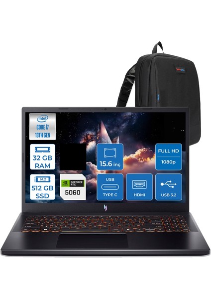 Nitro V 15 ANV15-52 Intel Core I7 13620H 32GB 512GB SSD Nvıdıa Geforce RTX5060 8gb 75W Freedos 15.6" FHD(1920 x 1080) IPS 165HZ Taşınabilir Bilgisayar NHQZ8EY002F17 + Zetta Çanta