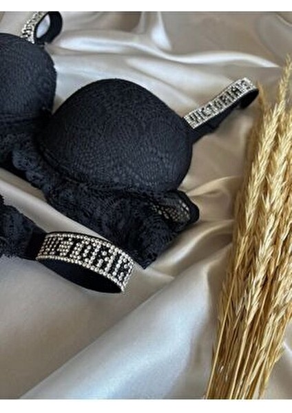 Dantelli Lastiği Taşlı Balenli Destekli Dolgulu Push Up Siyah Sütyen ve String Iç Çamaşırı Takımı modelleri