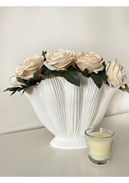 Istiridye Vazo, Dekoratif Alçı Vazo, Tematik Tasarım 16 cm Boyutunda Beyaz