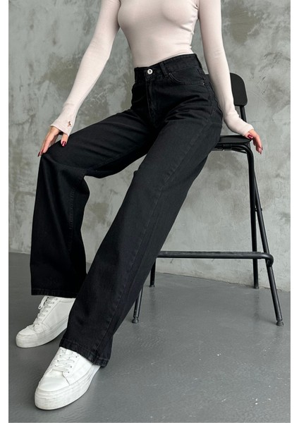 Kadın Yüksek Bel Jean Kot Palazzo Pantolon Siyah / 26