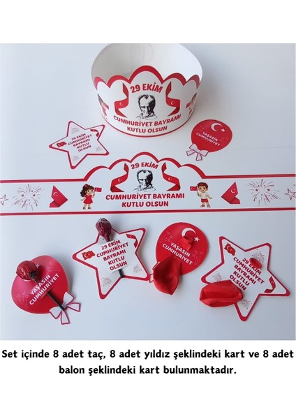 Cumhuriyet Bayramı Taç Şeker ve Balon Kartı 8li Set fiyatları