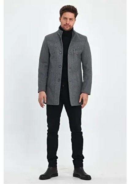 Erkek Dar Kalıp Gri Kaşe Kaban Dik Yaka Astarlı Kalın Günlük Stil