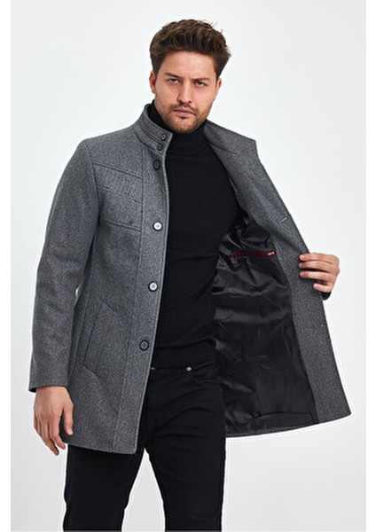 Erkek Dar Kalıp Gri Kaşe Kaban Dik Yaka Astarlı Kalın Günlük Stil fiyatları