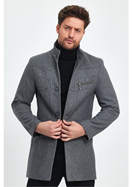 Erkek Dar Kalıp Gri Kaşe Kaban Dik Yaka Astarlı Kalın Günlük Stil modelleri