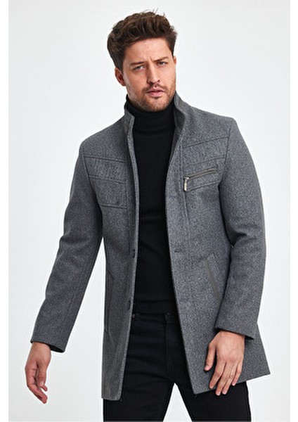 Erkek Dar Kalıp Gri Kaşe Kaban Dik Yaka Astarlı Kalın Günlük Stil indirimleri