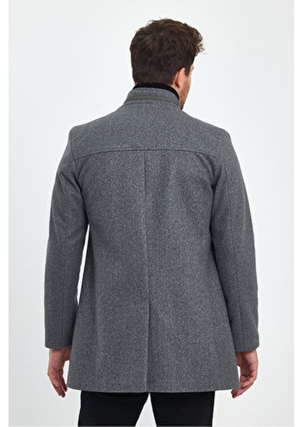 Erkek Dar Kalıp Gri Kaşe Kaban Dik Yaka Astarlı Kalın Günlük Stil